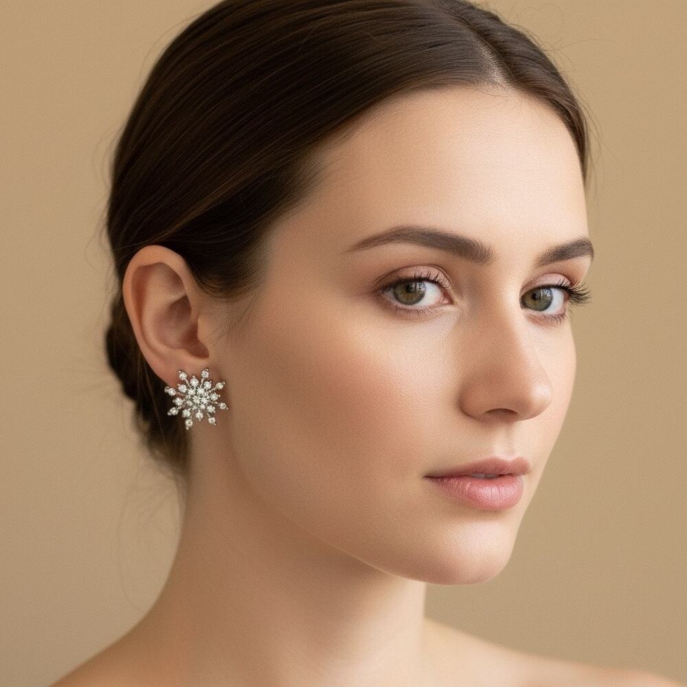 Snowflake Rhinestone Stud Earrings - Picture 2 of 7